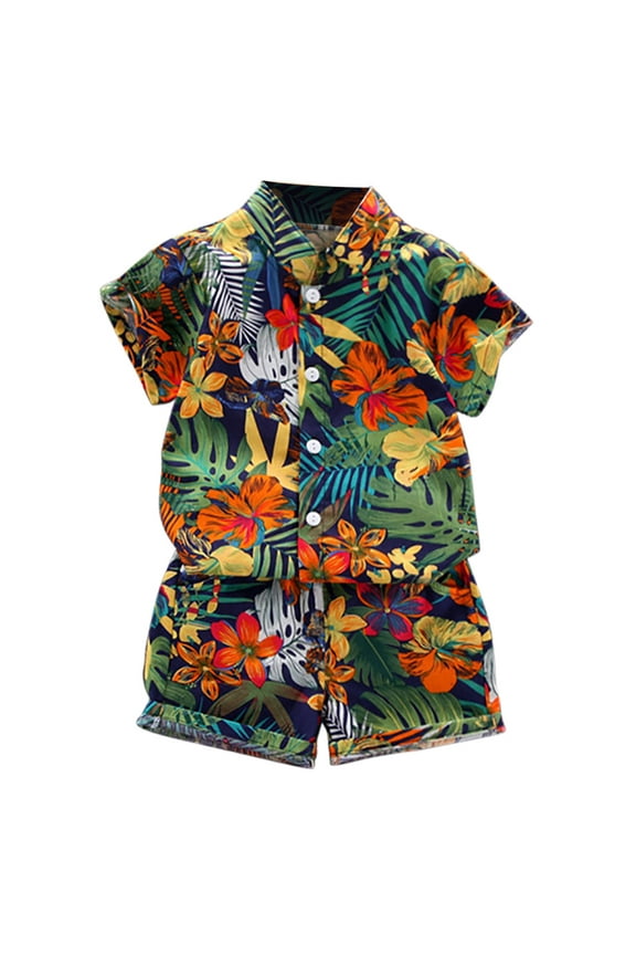 Toddler Boy Clothes Boys Hawaiian Short Sleeve Button down Shirt Shorts Suit Leaf Floral Flower Summer Baby Boy Outfit, Green Flower, 5-6Y
