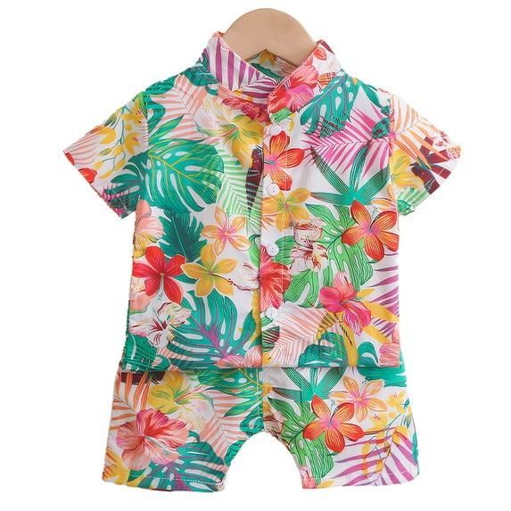 DAKIMOE Toddler Boy Clothes Boys Hawaiian Short Sleeve Button down Shirt Shorts Suit Leaf Floral Flower Summer Baby Boy Outfit, Pink, 3Y