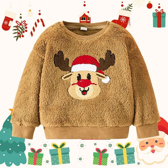 DAKIMOE Toddler Boys Girls Christmas Outfit Fuzzy Fleece Long Sleeve Crewneck Pullover Reindeer Sweatshirt Xmas Winter Warm Sweaters Tops for Kids Age 3 4 5 6 7 8, 5Y(5-6 Years)