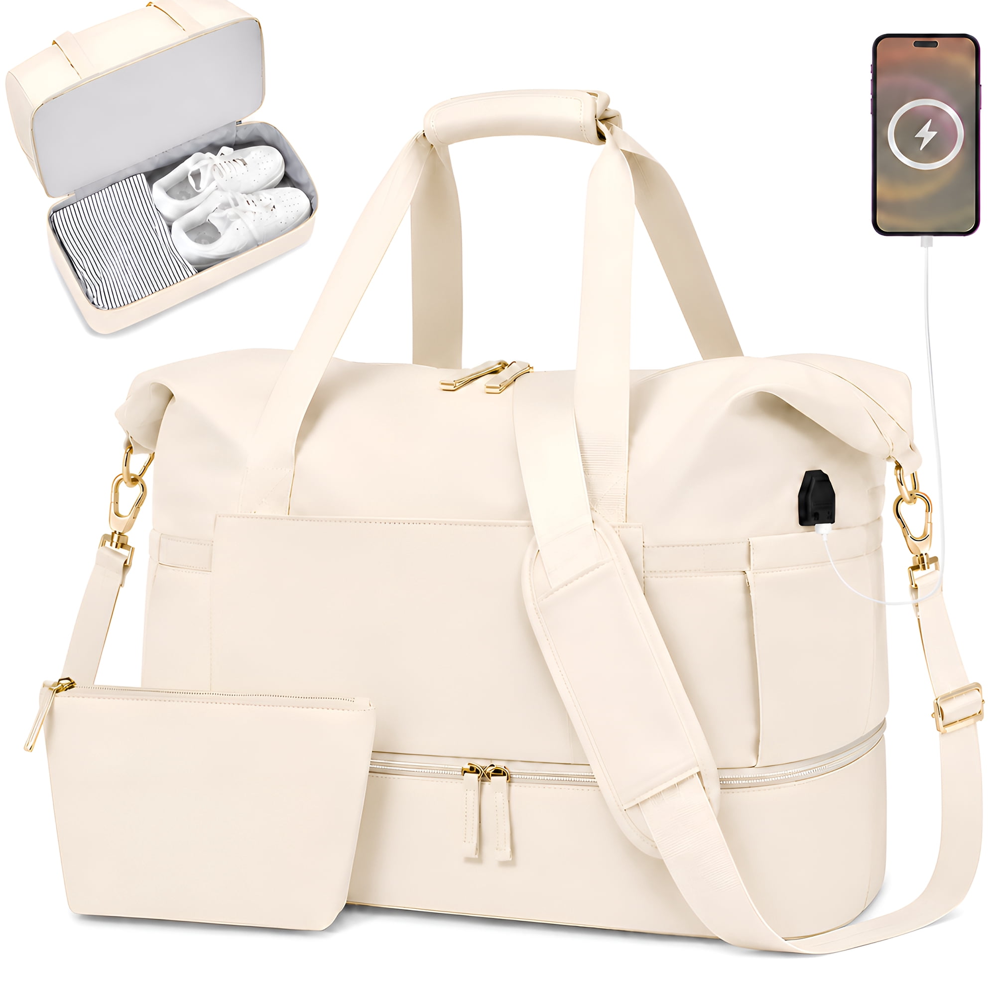 DAKIMOE Travel Duffel Bag for Women Gym Bag with USB Charging Port Large Weekender Overnight Bag Yoga Duffle Bags with Wet Pocket and Shoes Compartment, Beige