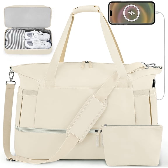 DAKIMOE Travel Duffel Bag for Women Gym Bag with USB Charging Port Large Weekender Overnight Bag Yoga Duffle Bags with Wet Pocket and Shoes Compartment, Beige