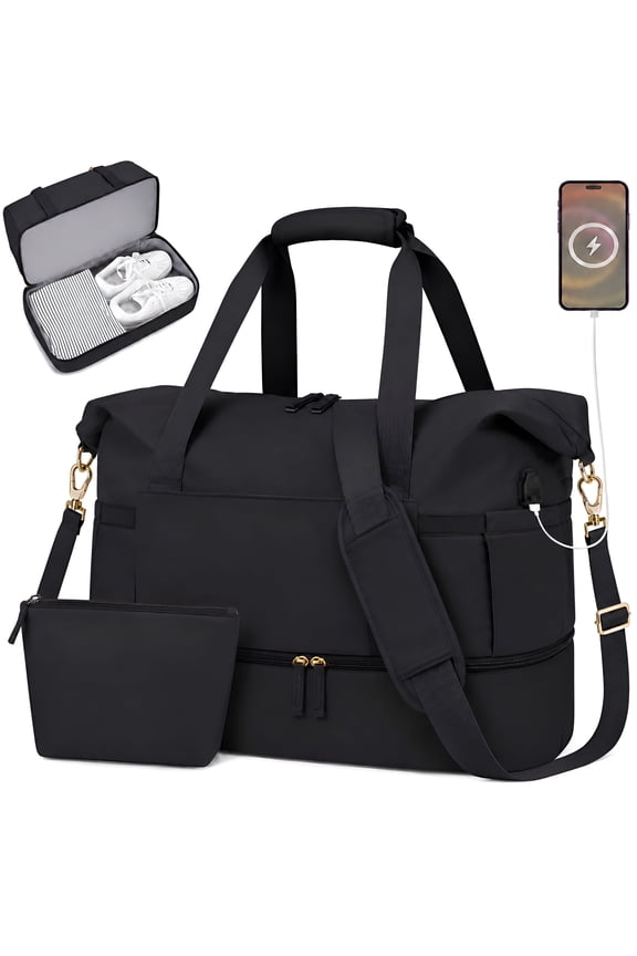 Travel Duffle Bag Set for Women 2 Pack Weekender Overnight Bag with USB Charging Port Large Gym Bag Yoga Duffel Bags with Wet Pocket & Shoes Compartment, Black
