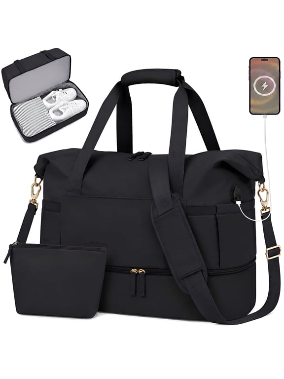 Travel Duffle Bag Set for Women 2 Pack, Large Waterproof Weekender Overnight Carry on with Toiletry Bag/USB Charging Port/Wet Pocket/Shoe Compartment, Gym Hospital Labor Delivery Duffel Tote