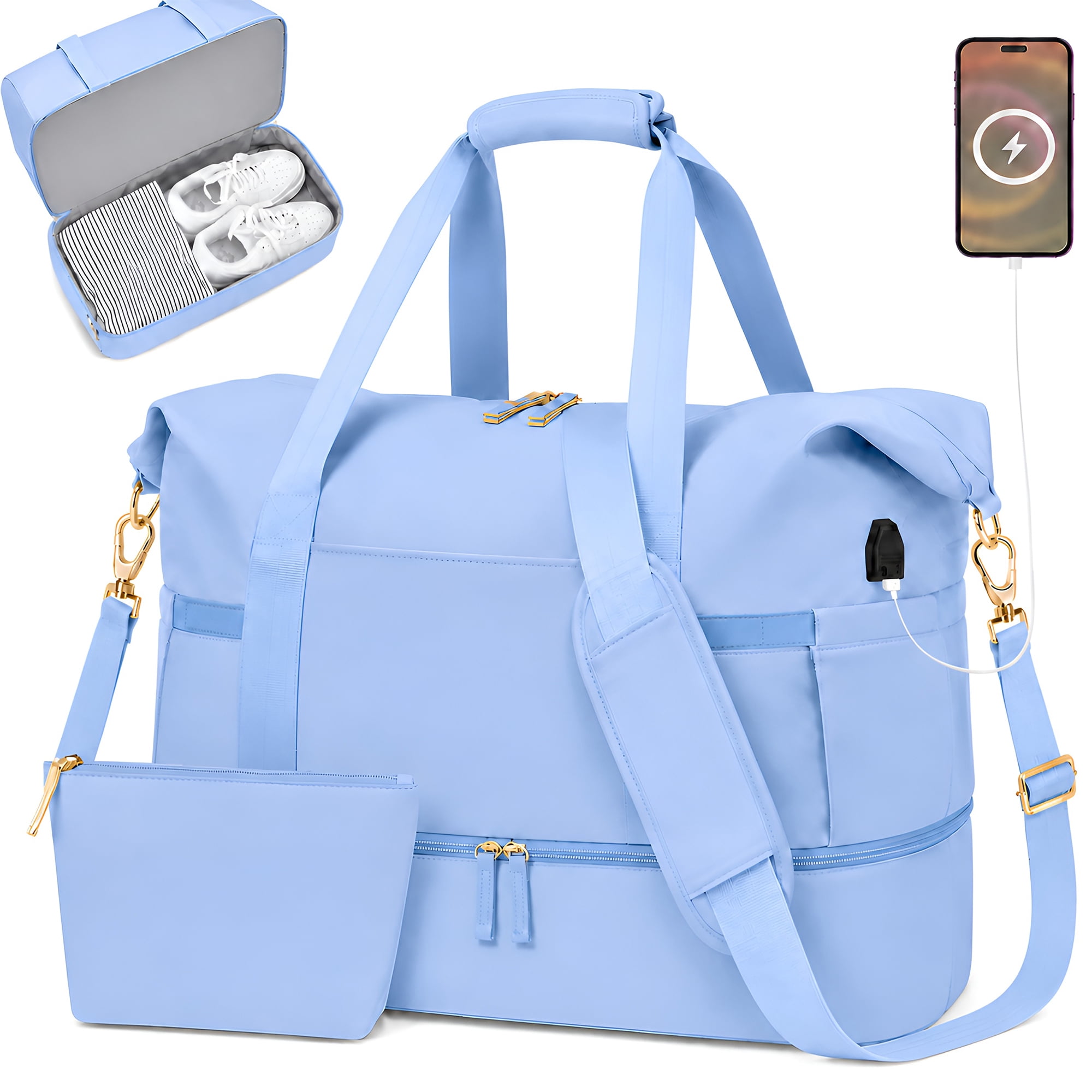 DAKIMOE Travel Duffel Bag for Women Gym Bag with USB Charging Port Large Weekender Overnight Bag Yoga Duffle Bags with Wet Pocket and Shoes Compartment, Blue
