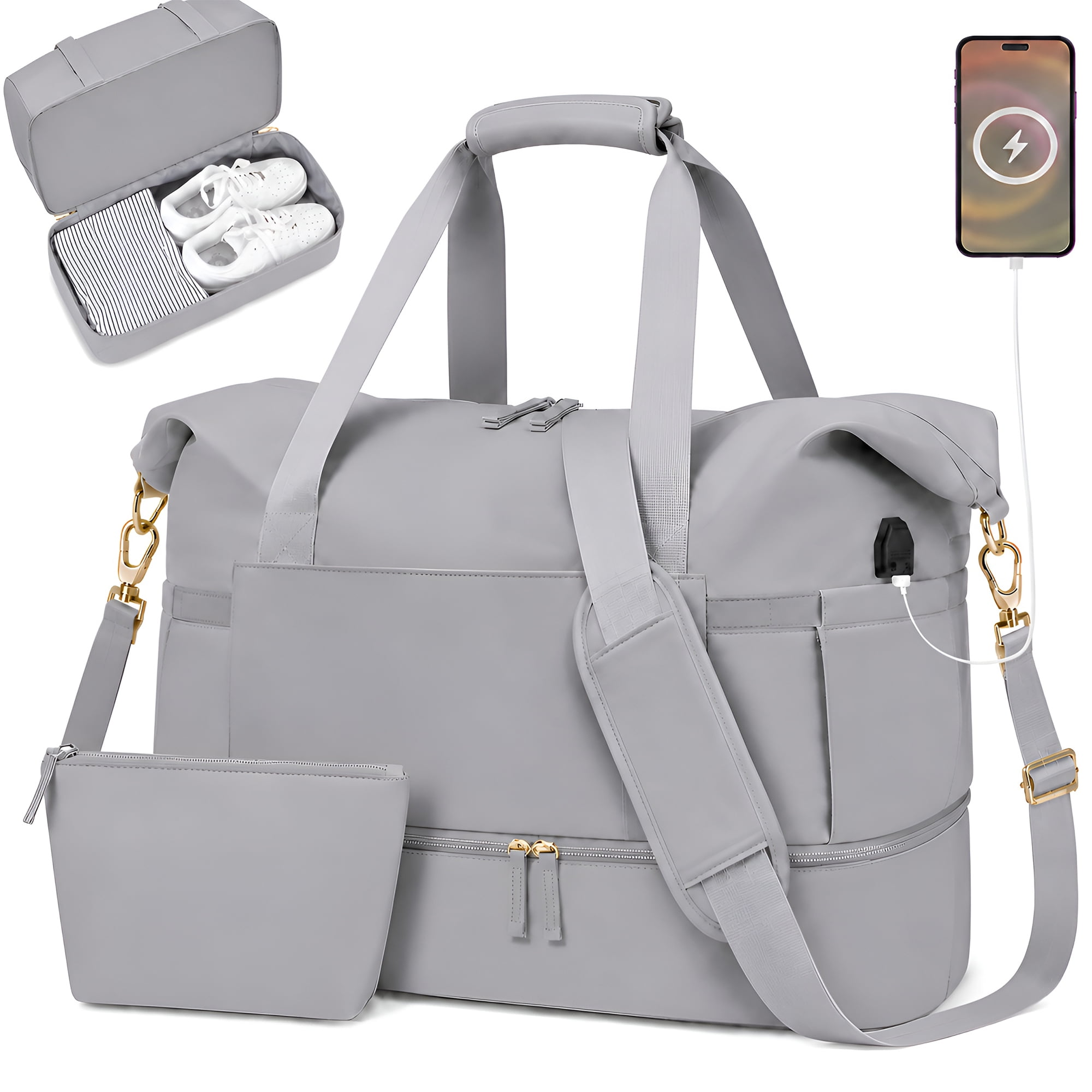 DAKIMOE Travel Duffel Bag for Women Gym Bag with USB Charging Port Large Weekender Overnight Bag Yoga Duffle Bags with Wet Pocket and Shoes Compartment, Gray