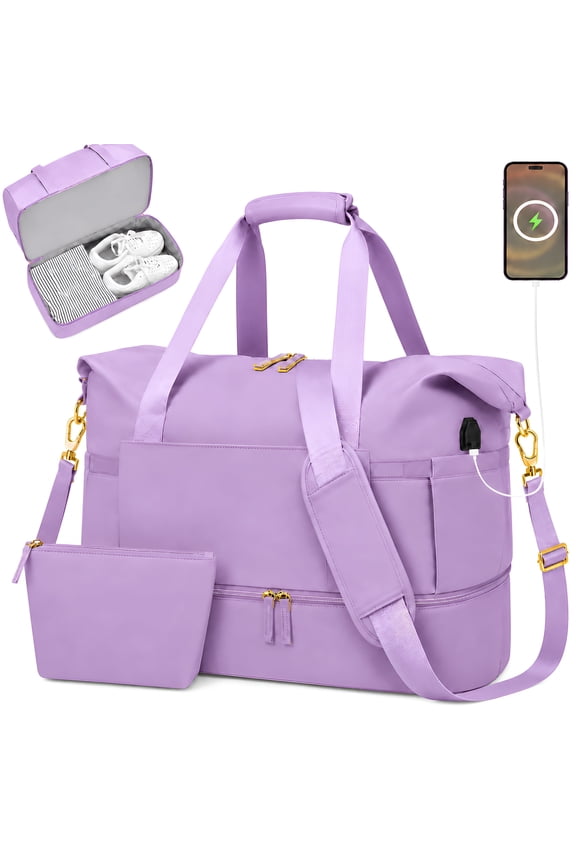 Travel Duffel Bag for Women Gym Bag with USB Charging Port Large Weekender Overnight Bag Yoga Duffle Bags with Wet Pocket and Shoes Compartment, Purple