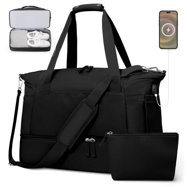 DAKIMOE Women's Nylon Travel Duffel Bag with USB Port, Wet Pocket, Shoe