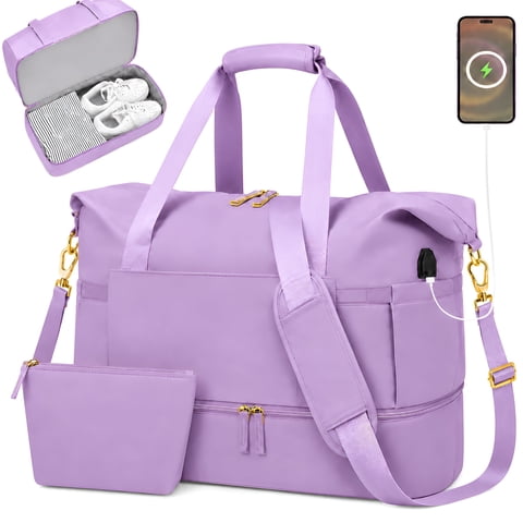 DAKIMOE Travel Duffle Bag Set for Women 2 Pack, Large Waterproof Weekender Overnight Carry On with Toiletry Bag/USB Charging Port/Wet Pocket/Shoe Compartment, Gym Hospital Labor Delivery Duffel Tote