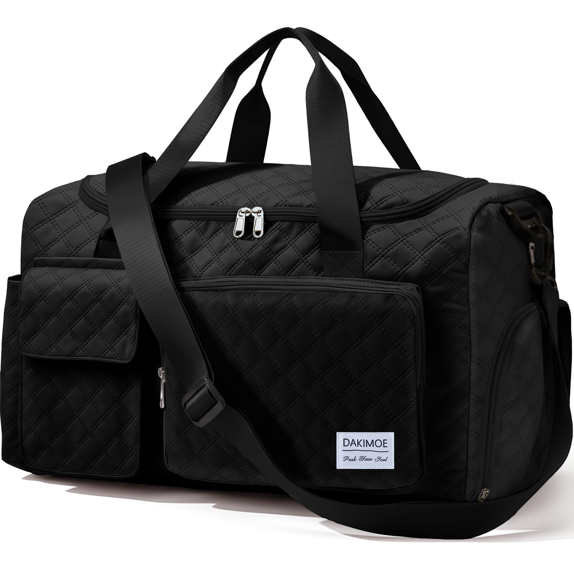 DAKIMOE Travel Duffle Bag for Women Men, Weekender Overnight Bags Carry on Gym Bag with Wet Pocket/Adjustable Strap/Shoe Compartment, Foldable Waterproof Duffel Tote for Plane Sports Dance, Black