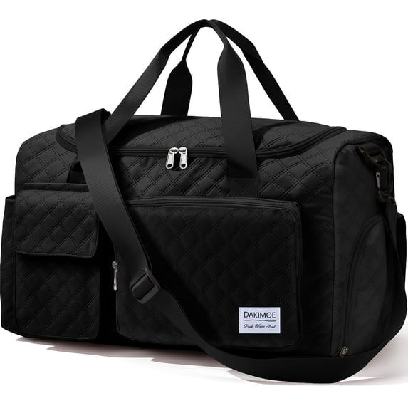 DAKIMOE Travel Duffle Bag for Women Men, Weekender Overnight Bags Carry on Gym Bag with Wet Pocket/Adjustable Strap/Shoe Compartment, Foldable Waterproof Duffel Tote for Plane Sports Dance, Black