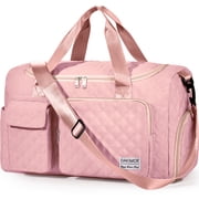 DAKIMOE Travel Duffle Bag for Women Men, Weekender Bags Carry on Gym Bag with Wet Pocket/Adjustable Strap/Shoe Compartment, Foldable Waterproof Overnight Tote Bag for Plane Sports Dance, Pink