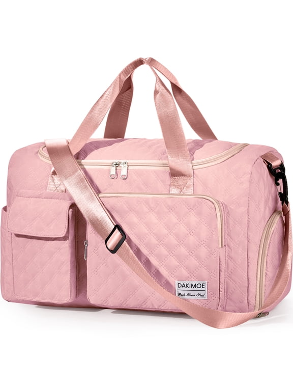 Travel Duffle Bag for Women Men, Weekender Bags Carry on Gym Bag with Wet Pocket/Adjustable Strap/Shoe Compartment, Foldable Waterproof Overnight Tote Bag for Plane Sports Dance, Pink
