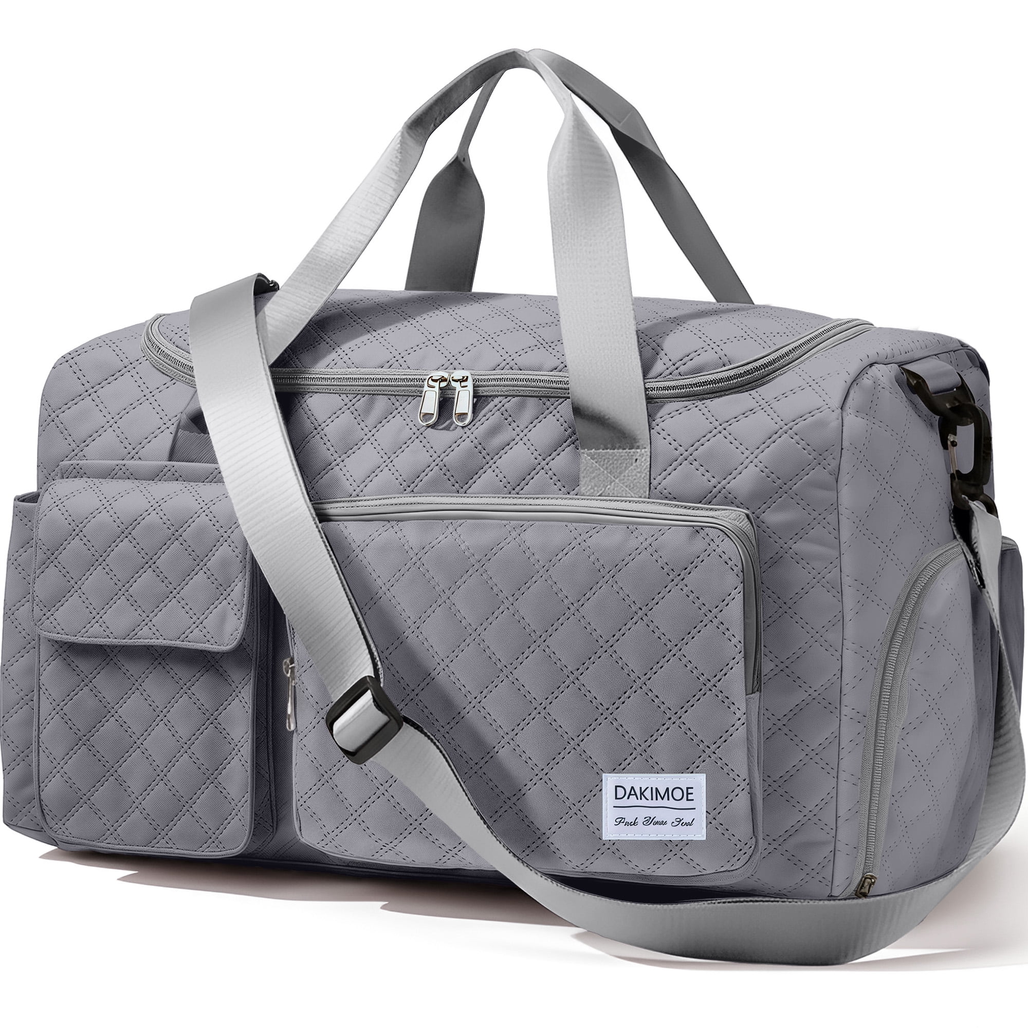 DAKIMOE Travel Duffle Bag for Women Men, Weekender Overnight Bags Carry on Gym Bag with Wet Pocket/Adjustable Strap/Shoe Compartment, Foldable Waterproof Duffel Tote for Plane Sports Dance, Gray
