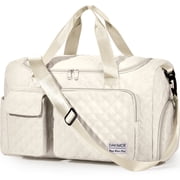 DAKIMOE Travel Duffle Bag for Women Men, Weekender Overnight Bags Carry on Gym Bag with Wet Pocket/Adjustable Strap/Shoe Compartment, Foldable Waterproof Duffel Tote for Plane Sports Dance, Ivory