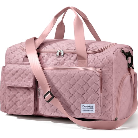 DAKIMOE Travel Duffle Bag for Women Men, Weekender Bags Carry on Gym Bag with Wet Pocket/Adjustable Strap/Shoe Compartment, Foldable Waterproof Overnight Tote Bag for Plane Sports Dance, Pink