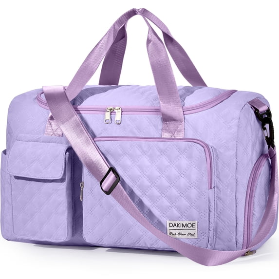 DAKIMOE Travel Duffle Bag for Women Men, Weekender Overnight Bags Carry on Gym Bag with Wet Pocket/Adjustable Strap/Shoe Compartment, Foldable Waterproof Duffel Tote for Plane Sports Dance, Purple
