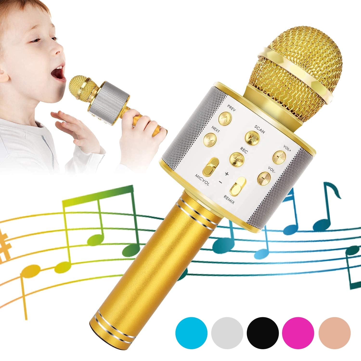 DAKIMOE Wireless Bluetooth Karaoke Microphone, Portable Handheld Singing Microphone for Kids Adults with Stereo Speaker and Voice Changer for All Smartphones, Gifts for Girls Kids Adults, Gold