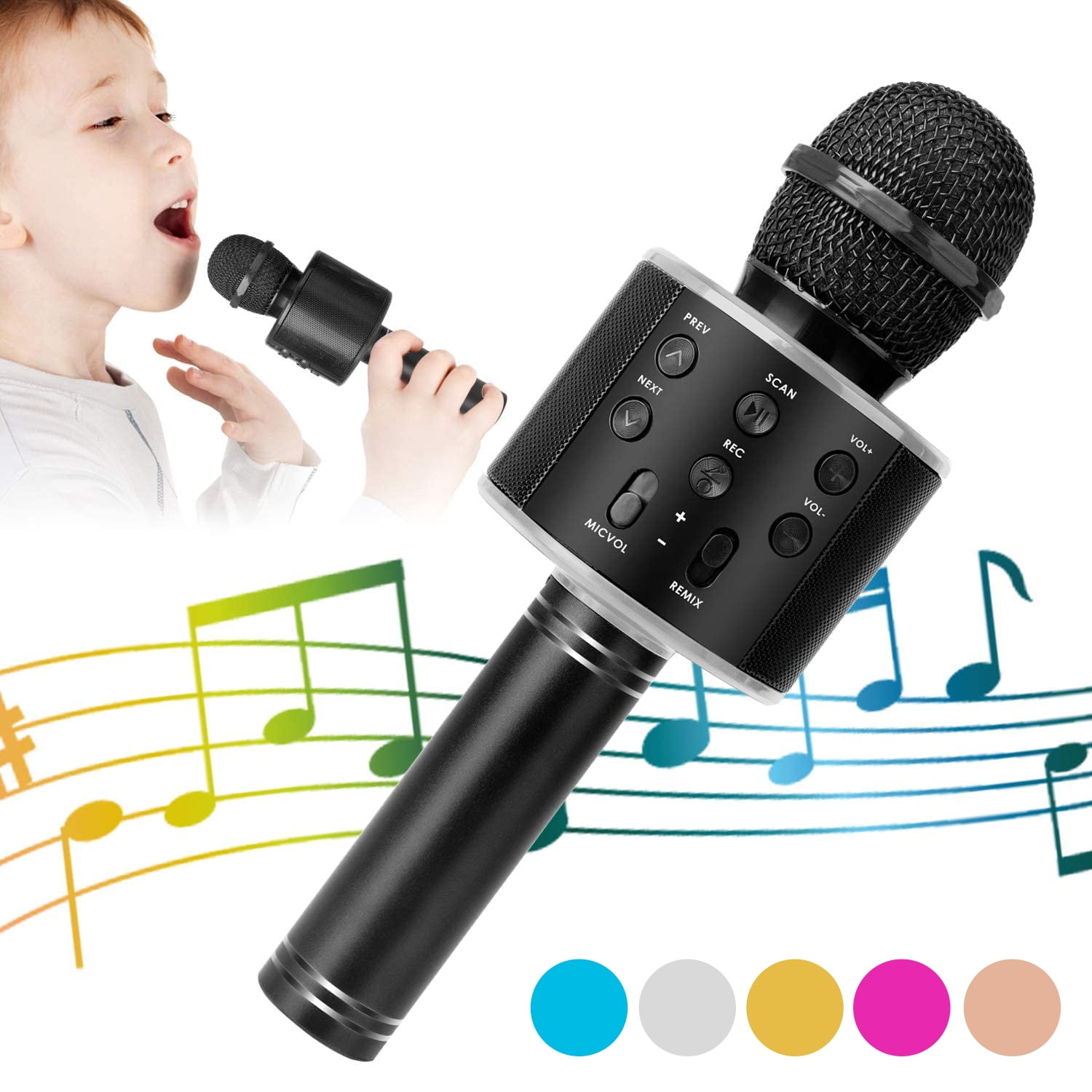 DAKIMOE Wireless Bluetooth Karaoke Microphone, Portable Handheld Singing Microphone for Kids Adults with Stereo Speaker and Voice Changer for All Smartphones, Gifts for Girls Kids Adults, Black