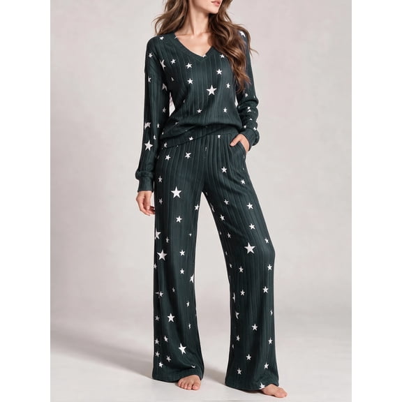 DAKIMOE Women's Pajama Sets V-neck Long Sleeve Sleepwear Wide Leg Pants with Pockets, 2 Piece Soft Ribbed Nightwear Pjs Knit Fall Winter Outfits Comfy Sleepwear Fleece Loungewear Lounge Set for Women
