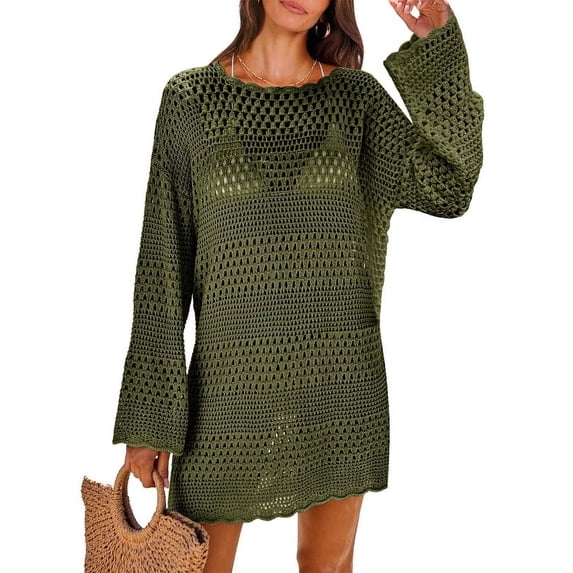 DAKIMOE Women Swimsuit Cover up Summer Bathing Suit Cover up Knit Swimwear Pullover Swim Cover up Beach Dress S-XL, Army Green, S