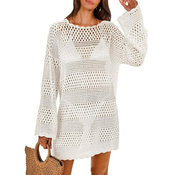 DAKIMOE Women Swimsuit Cover up Summer Bathing Suit Cover up Knit Swimwear Pullover Swim Cover up Beach Dress S-XL, White, M
