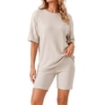 thumbnail image 1 of DAKIMOE Womens Pajamas 2 Piece Lounge Sets for Women Ribbed Knit Matching Outfits Loose T-Shirt and Bodycon Biker Shorts Sleepwear Sweatsuits S-XL, Camel, M, 1 of 8