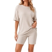 DAKIMOE Womens Pajamas 2 Piece Lounge Sets for Women Ribbed Knit Matching Outfits Loose T-Shirt and Bodycon Biker Shorts Sleepwear Sweatsuits S-XL, Camel, M