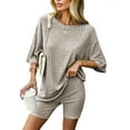thumbnail image 1 of DAKIMOE Womens Pajamas 2 Piece Lounge Sets for Women Ribbed Knit Matching Outfits Loose T-Shirt and Bodycon Biker Shorts Sleepwear Sweatsuits S-XL, Camel, M, 1 of 10