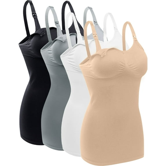 DAKIMOE Womens Nursing Tank Tops for Breastfeeding Maternity Camisoles with Built in Bra Sleep Maternity Cami Bras Pack of 4