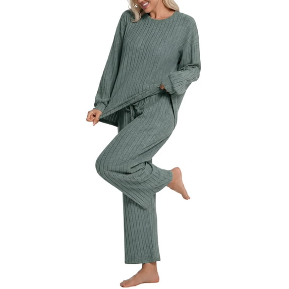 DAKIMOE Womens Pajama Set - Cozy Ribbed Knit Lounge Sets for Women Pajamas, Long Sleeve Top & Pants with Pockets Soft Sleepwear Nightwear Loungewear 2 Piece Pjs Outfits for Home and Sleep