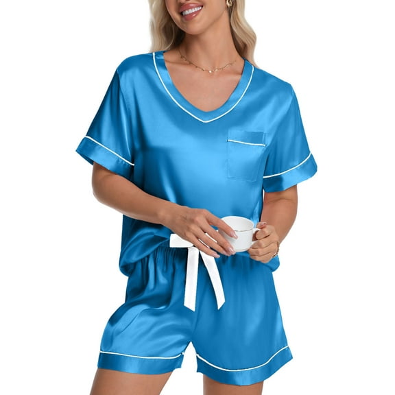 DAKIMOE Womens Pajama Set Silk Satin Pajamas Short Sleeve Sleepwear Matching Soft Loungewear 2 Piece Lounge Pjs Shorts Set S-XL, Blue, S