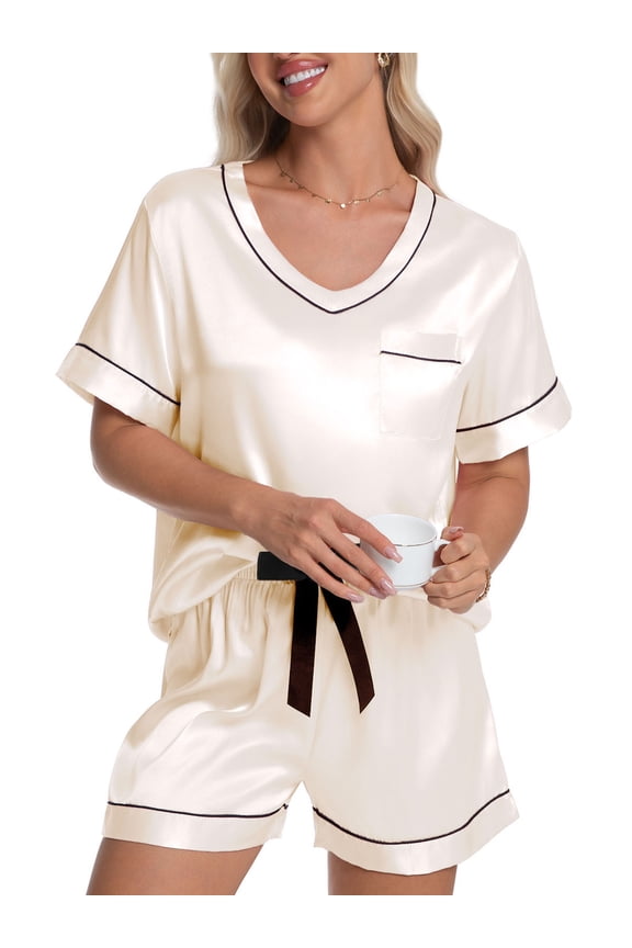 Womens Pajama Set Silk Satin Pajamas Short Sleeve Sleepwear Matching Soft Loungewear 2 Piece Lounge Pjs Shorts Set S-XL, Champagne, S