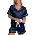 thumbnail image 1 of DAKIMOE Womens Pajama Set Silk Satin Pajamas Short Sleeve Sleepwear Matching Soft Loungewear 2 Piece Lounge Pjs Shorts Set S-XL, Navy, L, 1 of 7