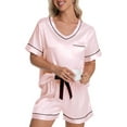 thumbnail image 1 of DAKIMOE Womens Pajama Set Silk Satin Pajamas Short Sleeve Sleepwear Matching Soft Loungewear 2 Piece Lounge Pjs Shorts Set S-XL, Pink, L, 1 of 7