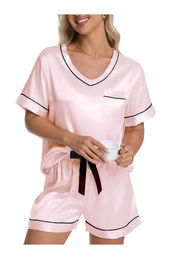 Womens Pajama Set Silk Satin Pajamas Short Sleeve Sleepwear Matching Soft Loungewear 2 Piece Lounge Pjs Shorts Set S-XL, Pink, L