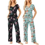 DAKIMOE Womens Pajama Sets - 2 Pack Super Soft Womens Pjs Sets, Short Sleeve V Neck Top with Pants, 2 Piece Lounge Sets for Women, Cute Printed Sleepwear with Elastic Waistband