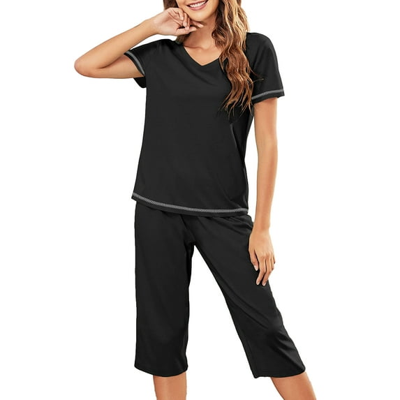 DAKIMOE Womens Pajama Sets Capri Sleepwear Short Sleeve Two-Piece Pjs V Neck Tops & Capri Pants with Pockets Casual Prints Lounge Sets for Women S-XL, Black, XL