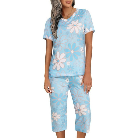 DAKIMOE Womens Pajama Sets Capri Sleepwear Short Sleeve Two-Piece Pjs V Neck Tops & Capri Pants with Pockets Casual Prints Lounge Sets for Women S-XL, Light Blue, L