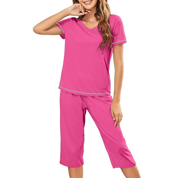 DAKIMOE Womens Pajama Sets Capri Sleepwear Short Sleeve Two-Piece Pjs V Neck Tops & Capri Pants with Pockets Casual Prints Lounge Sets for Women S-XL, Rose, S