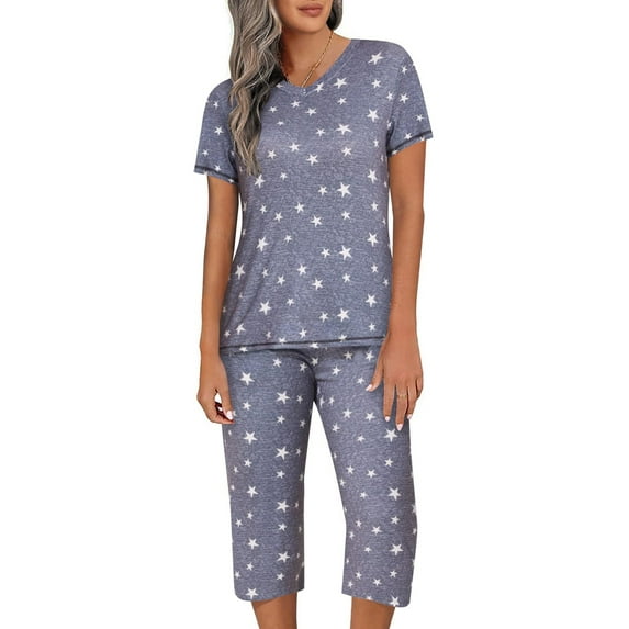 DAKIMOE Womens Pajama Sets Capri Sleepwear Short Sleeve Two-Piece Pjs V Neck Tops & Capri Pants with Pockets Casual Prints Lounge Sets for Women S-XL, Star-Gray, S