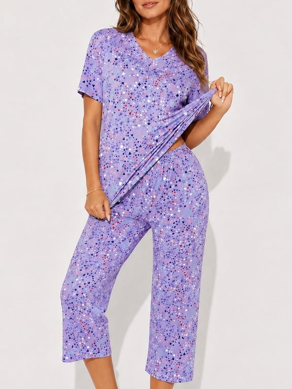 Womens Pajama Set 2 Piece Short Sleeve V Neck Tops & Capri Pants, Comfy Soft Stretchy Sleepwear, Cute Printed Loungewear Lounge Set, Lightweight Pajamas for Women S-2XL
