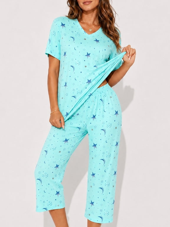 Womens Pajama Set 2 Piece Short Sleeve V Neck Tops & Capri Pants, Comfy Soft Stretchy Sleepwear, Cute Printed Loungewear Lounge Set, Lightweight Pajamas for Women S-2XL