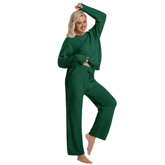DAKIMOE Womens Pajama Sets Long Sleeve Pajamas 2 Piece for Women Fuzzy Fleece Lounge Set Outfits Casual Sleepwear Loungewear Sweater PJS