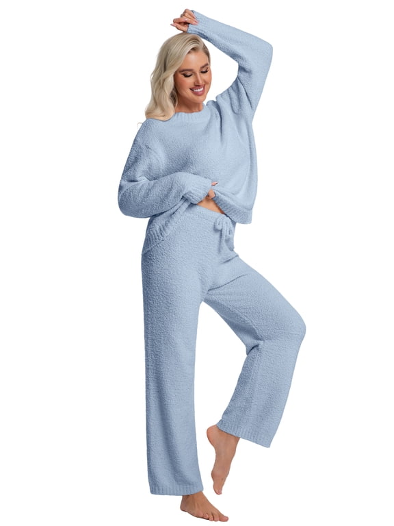 Womens Pajama Sets Long Sleeve Pajamas 2 Piece for Women Fuzzy Fleece Lounge Set Outfits Casual Sleepwear Loungewear Sweater PJS