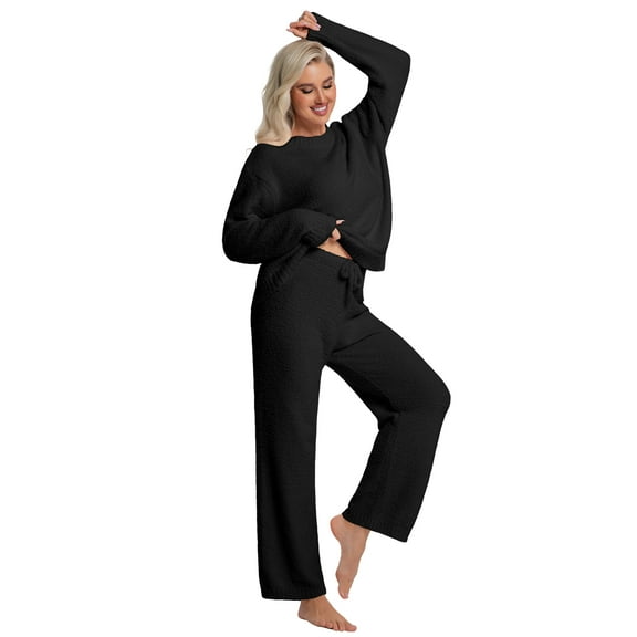 DAKIMOE Womens Pajama Sets Long Sleeve Pajamas 2 Piece for Women Fuzzy Fleece Lounge Set Outfits Casual Sleepwear Loungewear Sweater PJS