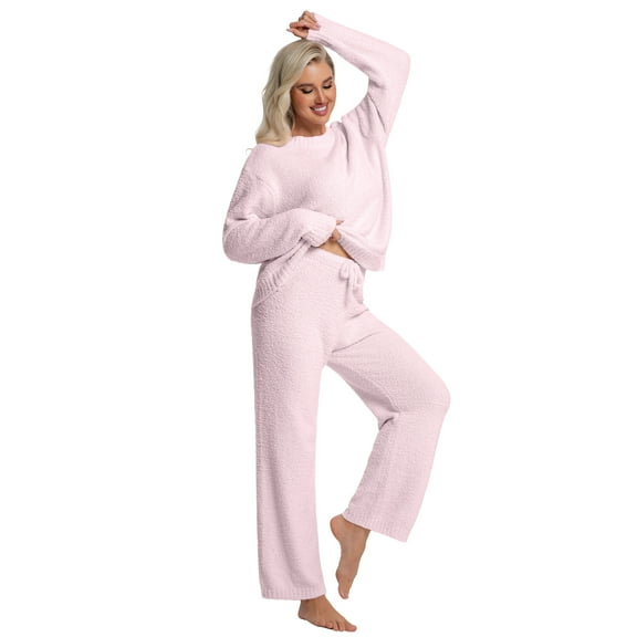 DAKIMOE Womens Pajama Sets Long Sleeve Pajamas 2 Piece for Women Fuzzy Fleece Lounge Set Outfits Casual Sleepwear Loungewear Sweater PJS