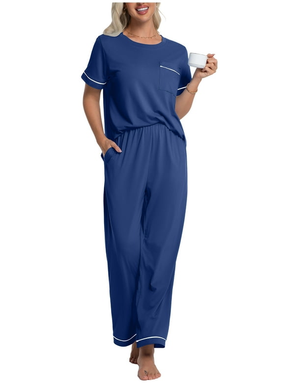 Womens Pajama Sets Pajamas for Women Set Capri Sleepwear Short Sleeve Two-Piece Pjs Tops & Long Pants Casual Prints Lounge Sets for Women S-2XL