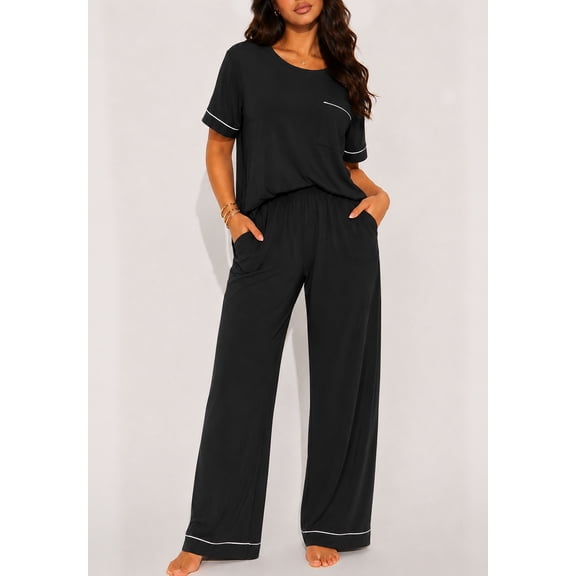 DAKIMOE Womens Pajama Sets Pajamas for Women Set Capri Sleepwear Short Sleeve Two-Piece Pjs Tops & Long Pants Casual Prints Lounge Sets for Women S-2XL