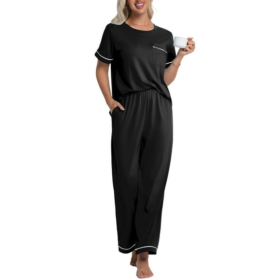 DAKIMOE Womens Pajama Sets Pajamas for Women Set Capri Sleepwear Short Sleeve Two-Piece Pjs Tops & Long Pants Casual Prints Lounge Sets for Women S-2XL