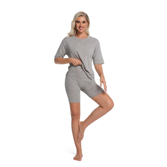 DAKIMOE Womens Pajamas 2 Piece Lounge Sets for Women Ribbed Knit Matching Outfits Loose T-Shirt and Bodycon Biker Shorts Sleepwear Sweatsuits S-XL, Black, XL